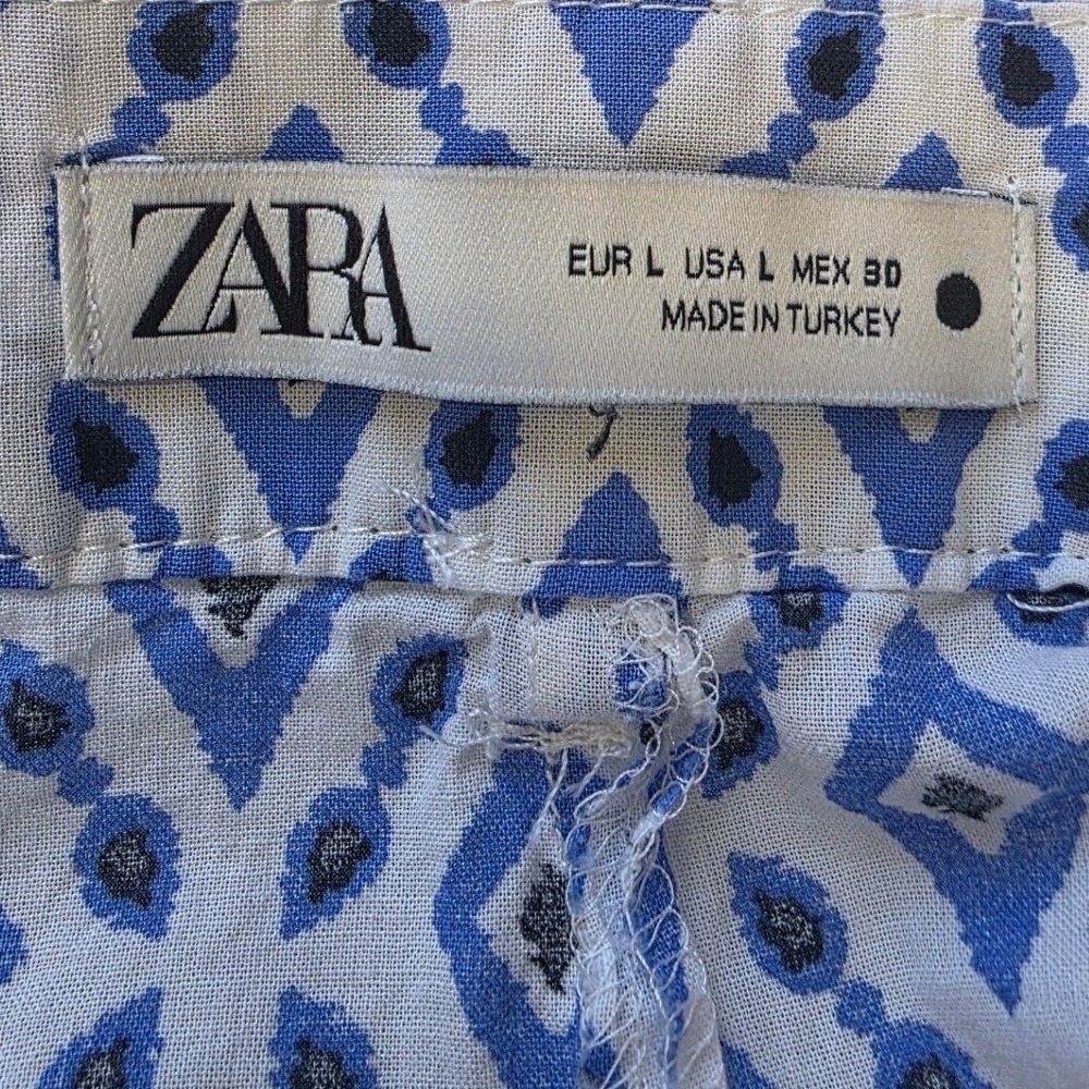 Zara Women Blue White Geometric Diamond Print Wide Leg High Rise Pants Size L - Picture 5 of 7